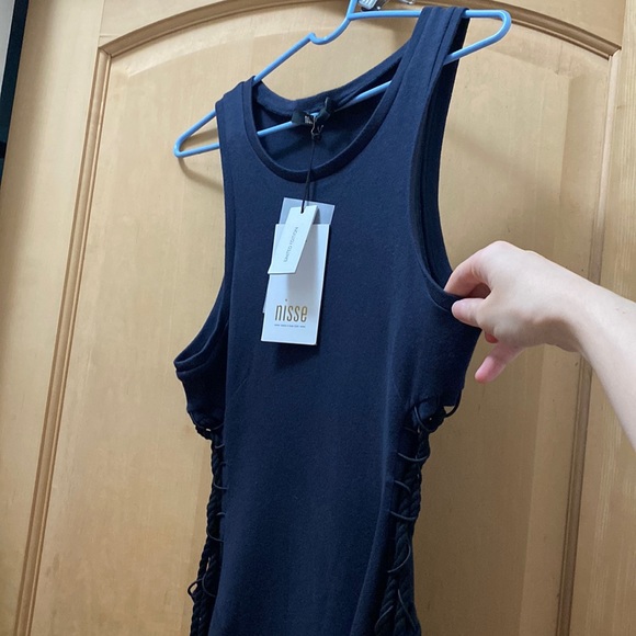 NWT NISSE Elbise Dragon maxi slit tank Dress side lace cutout ropes Navy Blue - Picture 13 of 17